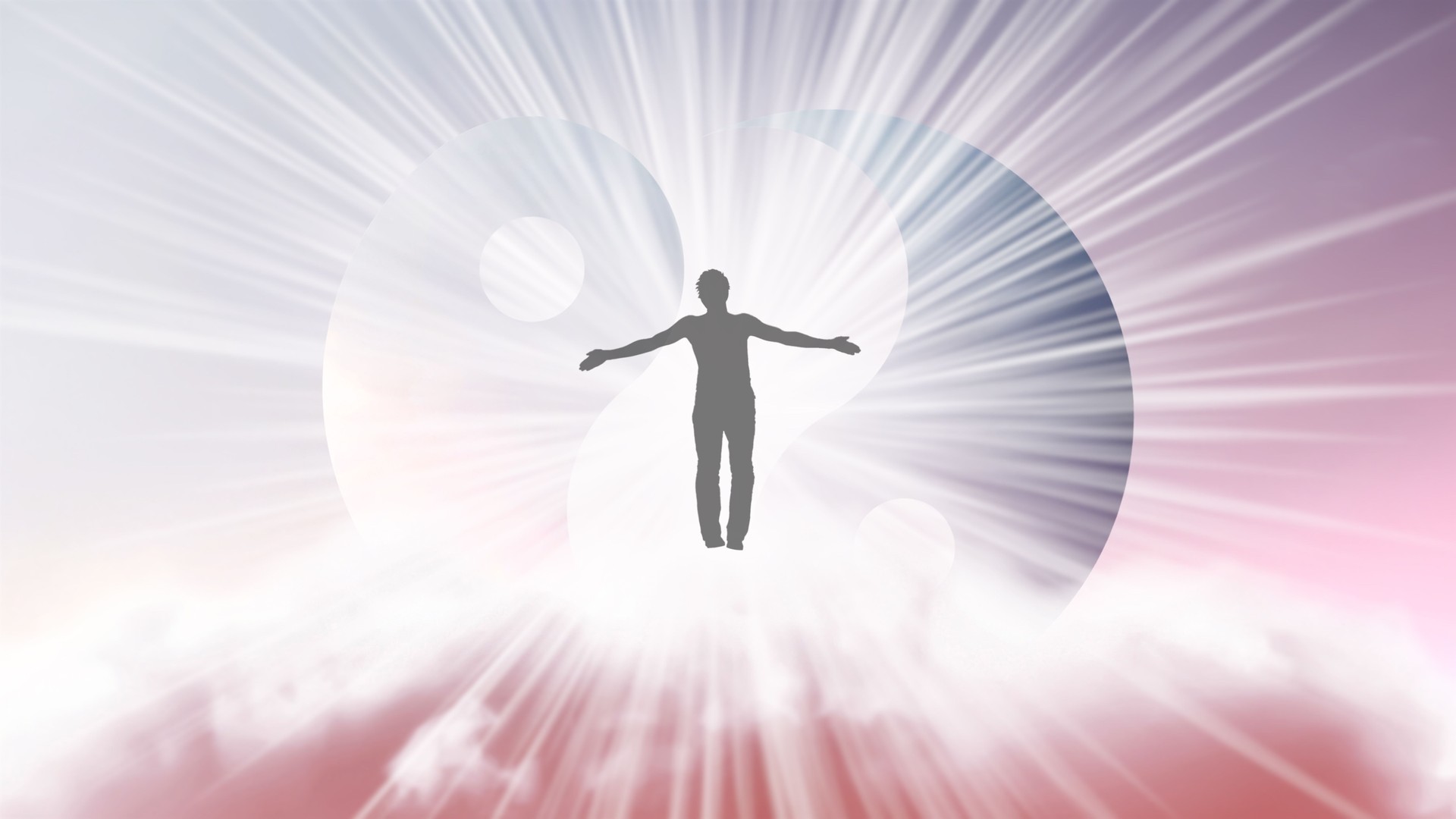 Una silueta de un hombre con los brazos separados, volando en el cielo con una luz blanca brillante en el fondo del símbolo Yin-Yang. Concepto de meditación Samadhi, mente abierta.